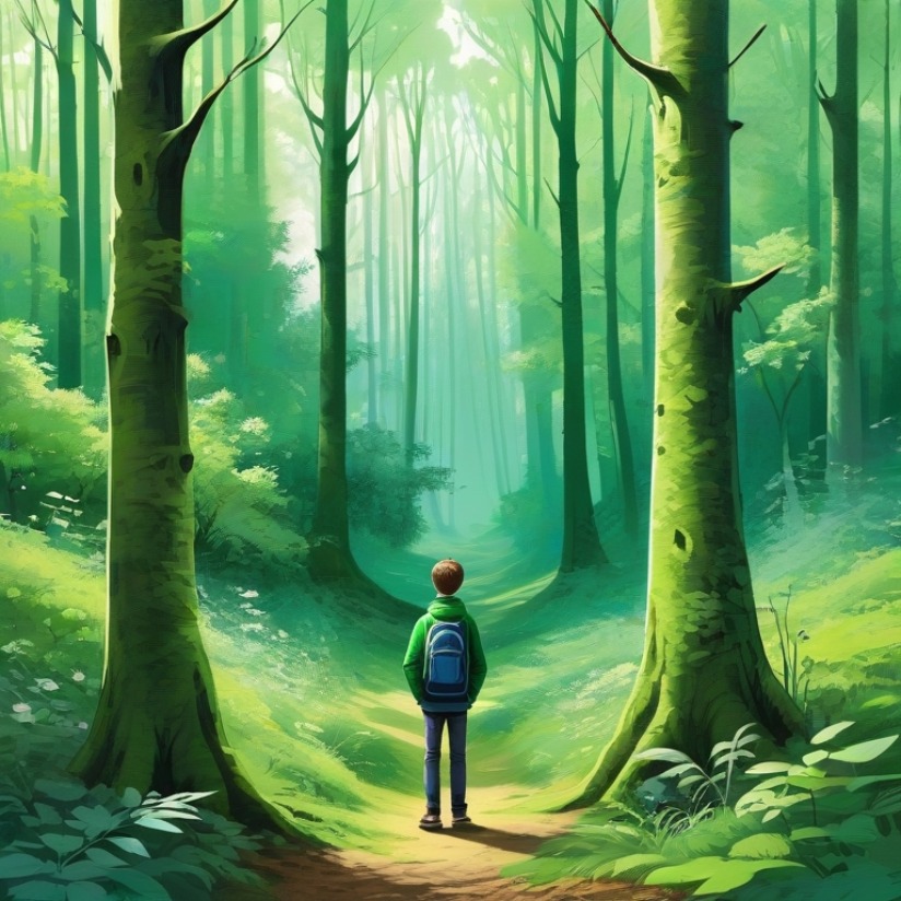 Ein Naturbild von einem grünen Wald mit einem jungen Mann, der zeichnet